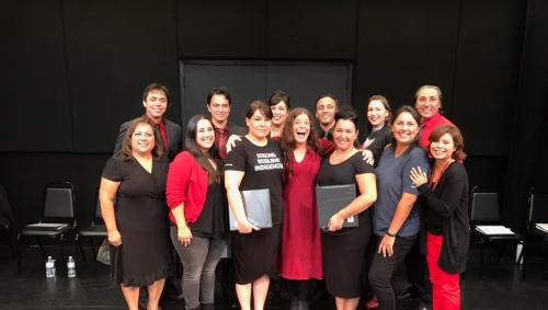 From left to right, the cast of Sliver of a Full Moon: RaeAnn Herrera, Kholan Studi, Jenny Marlowe, Jason Grasl, Billi Jo Rich, Allison Hicks, Mary Kathryn Nagle, Rob Vestal, Jackie Schaeffer, DeLanna Studi, Jennifer Bobiwash, Duane Minard, and Rainy Fields